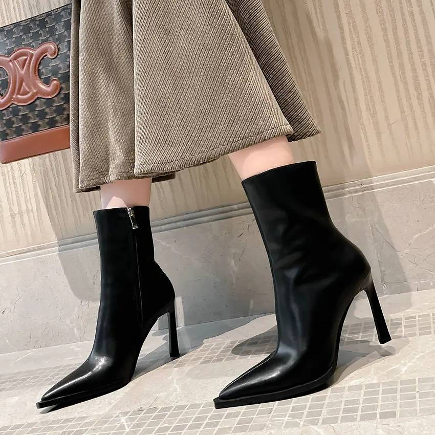 QUTAA 2027 Thin High Heels Women Ankle Boots Autumn Winter Genuine Leather Pointed Toe Shoes Woman Zipper Office Lady Size 34-39