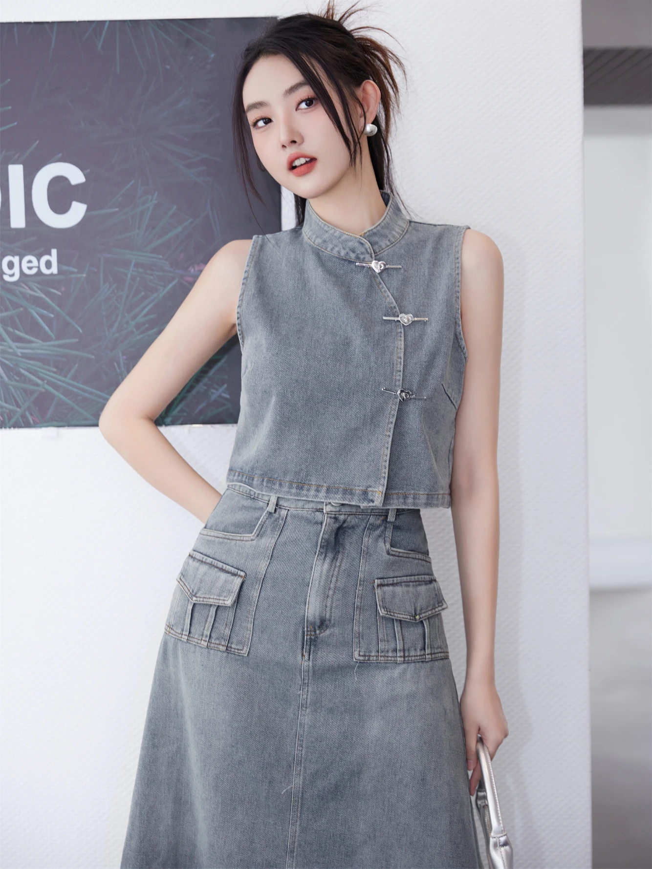 CHEERART Vintage Fringe Denim Two Piece Sets Summer Outfits For Women 2023 Long Skirt And Sleeveless Top Jean Outfit