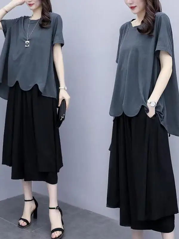 

Fashionable Slimming Wide Leg Pants Set Short Sleeve Two Piece Suit for plus Size Women Summer New Style Korean Loose Fit