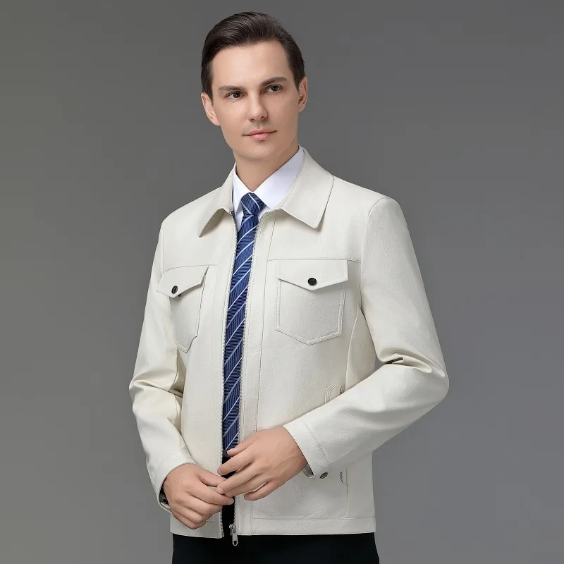 سترة جلدية للرجال خريف وشتاء جديد للشباب كاجوال بسحاب وطية صدر السترة بلون سادة معطف سميك سترة جلدية للرجال عصرية