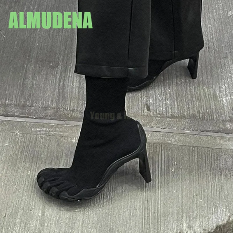 Five Finger Shoes, Women's Boots Fashionable Solid Color High Heels Elastic Sleeve Thin and Thick Heel Design Short Boots