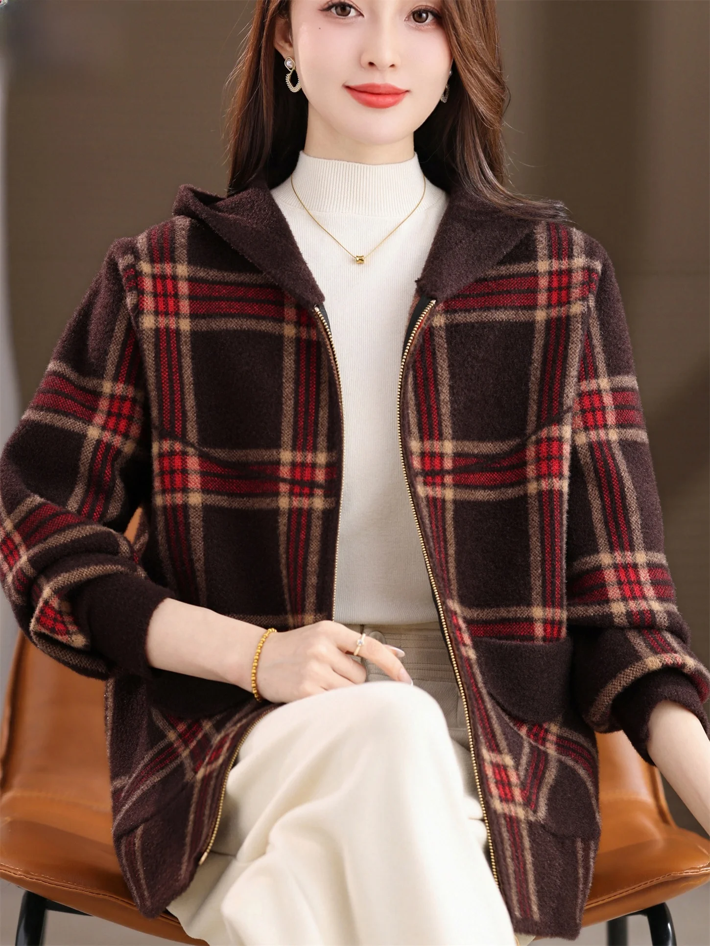 

Модное шерстяное пальто в клетку для женщин с капюшоном, свободный крой, осень-зима, новинка, повседневное пальто Faion ape Body pe