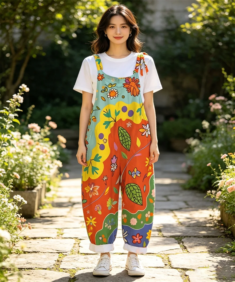 2026 Summer new women's hand-painted abstract art printed comfortable jumpsuit, off shoulder sleeveless loose jumpsuit