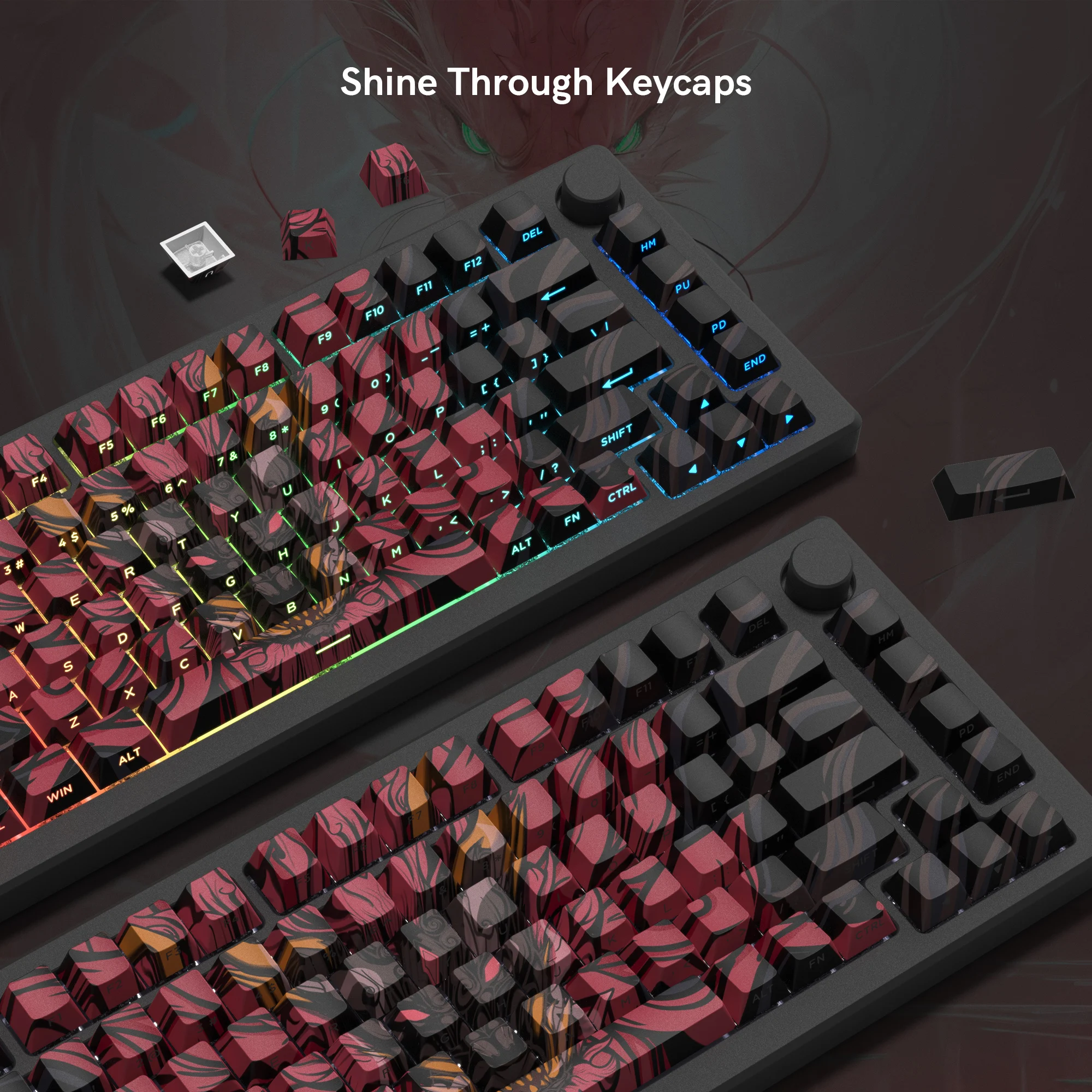 130 kunci tema Loong merah tua Dye Sub PBT Keycap profil Cherry bersinar melalui Keycaps untuk MX switch Keyboard Gaming