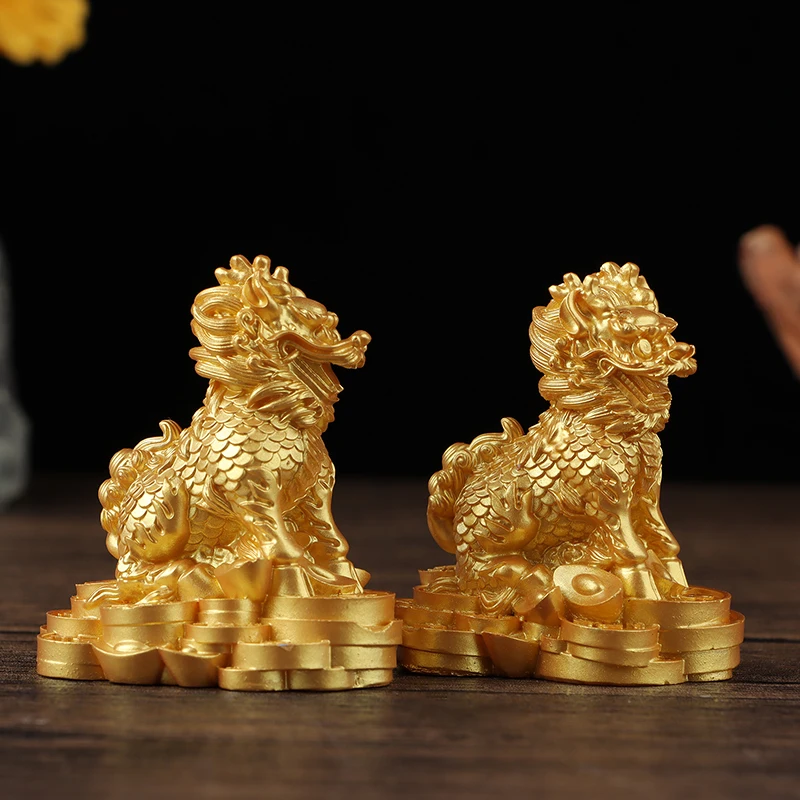 1 Pair Chinese Copper Fengshui Kylin Chi-lin Qilin God Beast Statue For Home Decoration