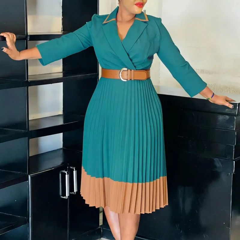 

Elegant Fashionable Large Size Dress C8649 Knitted Fabric Solid Color Pleated Suit Collar Color Block Midi A- Line Skirt