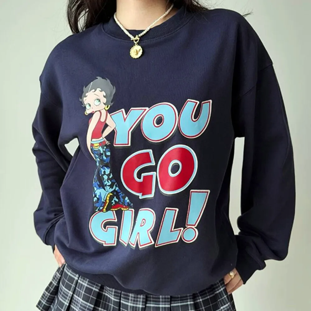 You Go Girl Cartoon-bedrucktes Rundhals-Sweatshirt in Marineblau, Herbst, langärmelig, lockerer, dicker, warmer Pullover, feministischer Pullover im Vintage-Stil