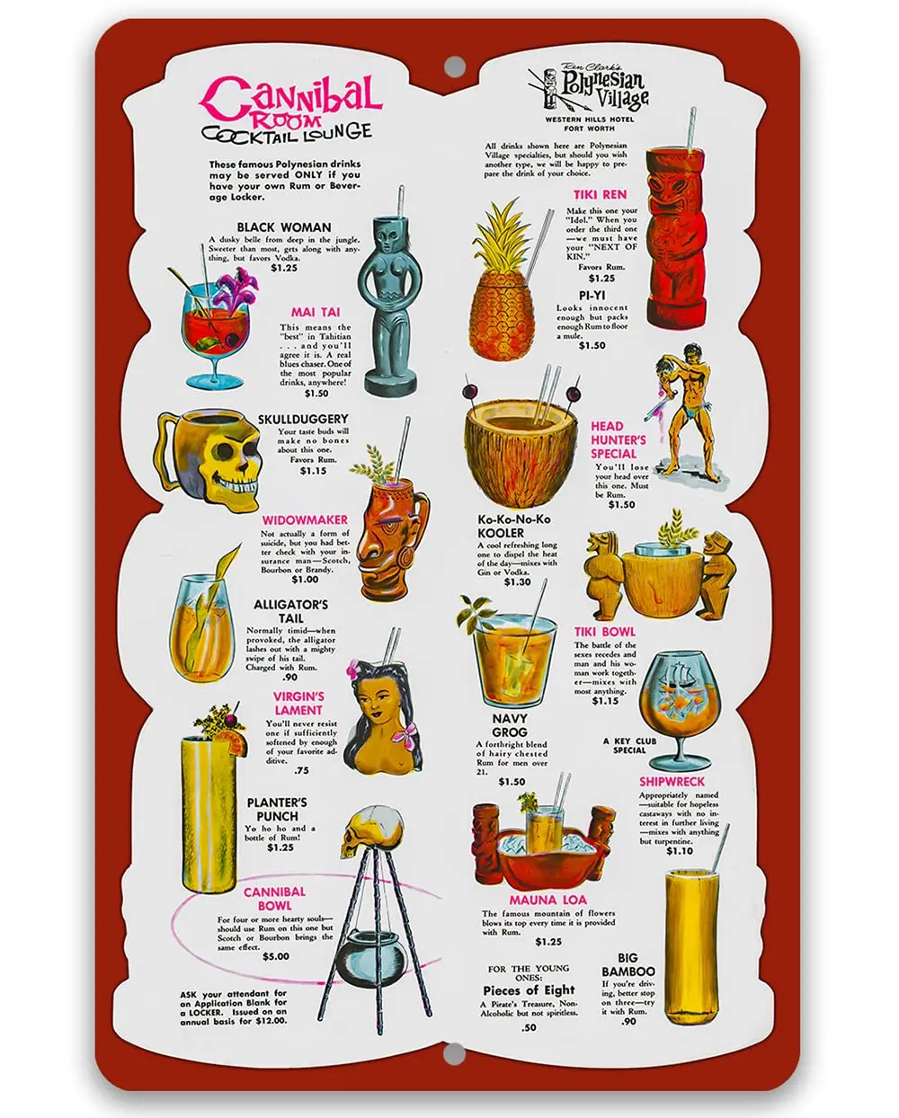 Cannibal Room Tiki Lounge Drink Menu - Great Home Bar Tin Metal Decor, Kitchen Art and Man Cave Accessories, Classic Me