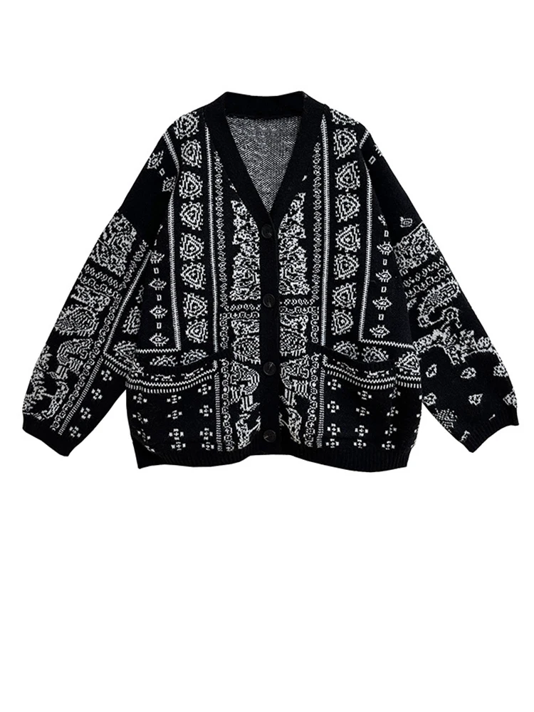 [EAM] Black Pattern Big Size Vintage Knitting Cardigan Sweater V-Neck Long Sleeve Women New Fashion Spring Autumn 2024  1DH7697