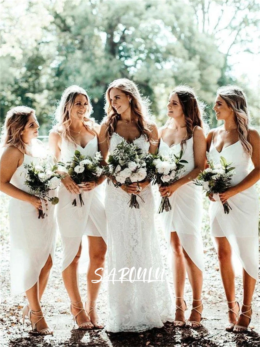 Abiti da sposa corti in Chiffon con spalline sottili abito da damigella d'onore abito da sera con spacco frontale Robe De Soriee