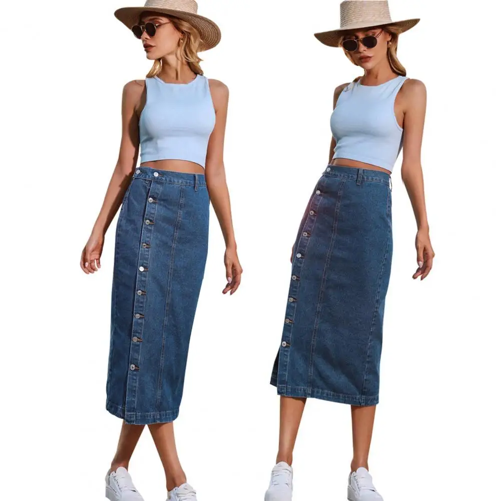 

Women Denim Skirt Irregular Slit Button Placket Calf-Length High Waist Skirt Streetwear Spring Summer Dress Ladies Wear