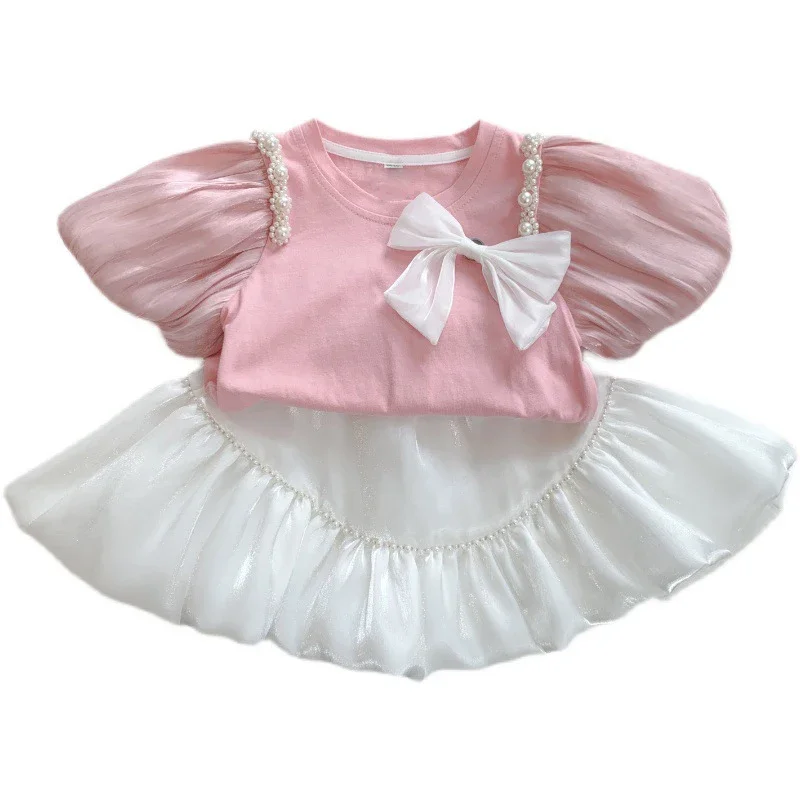 Summer Girls\' Clothing Sets Bow Streamer Pearl Stitching Short-Sleeved Tutu Skirt Fashion Baby Kids Outfit Children Clothes Suit