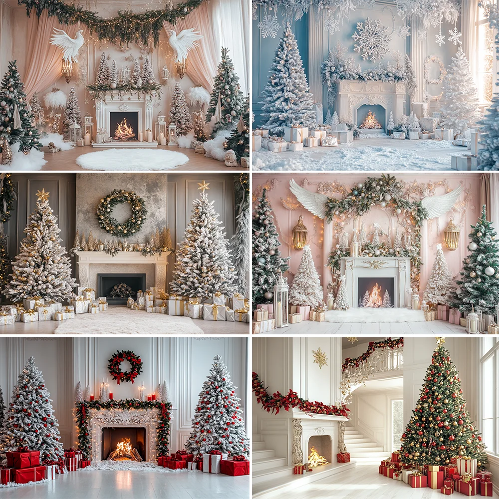 

Photography Background Golden Christmas Tree Garland Fireplace Gift Decoration Backdrop Family Xmas Holiday Party Prom