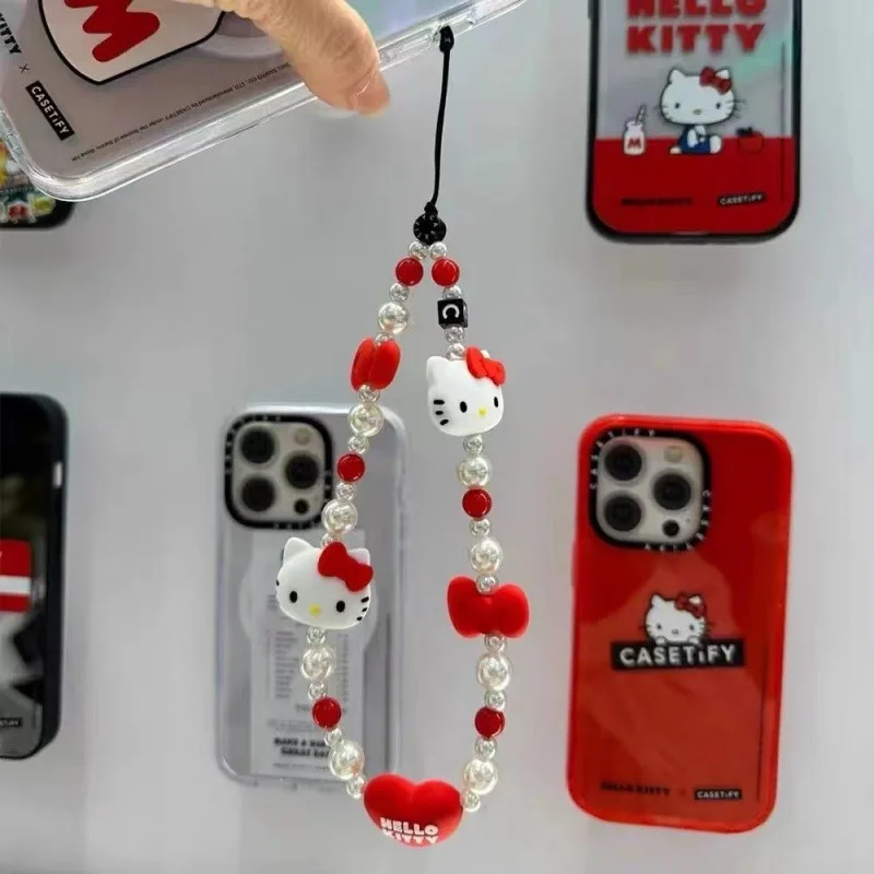 Sanrio Kawaii Phone Lanyard Hello Kitty Anti-lost Lanyard Key Short Wrist Rope Red Jewelry Keychain Beaded Phone Chain Gifts