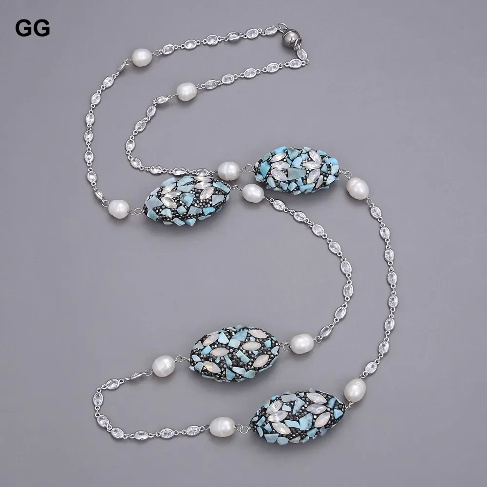 

GG 44" Freshwater Cultured White Pearl Blue Larimar Cz Pave Chain Long Necklace