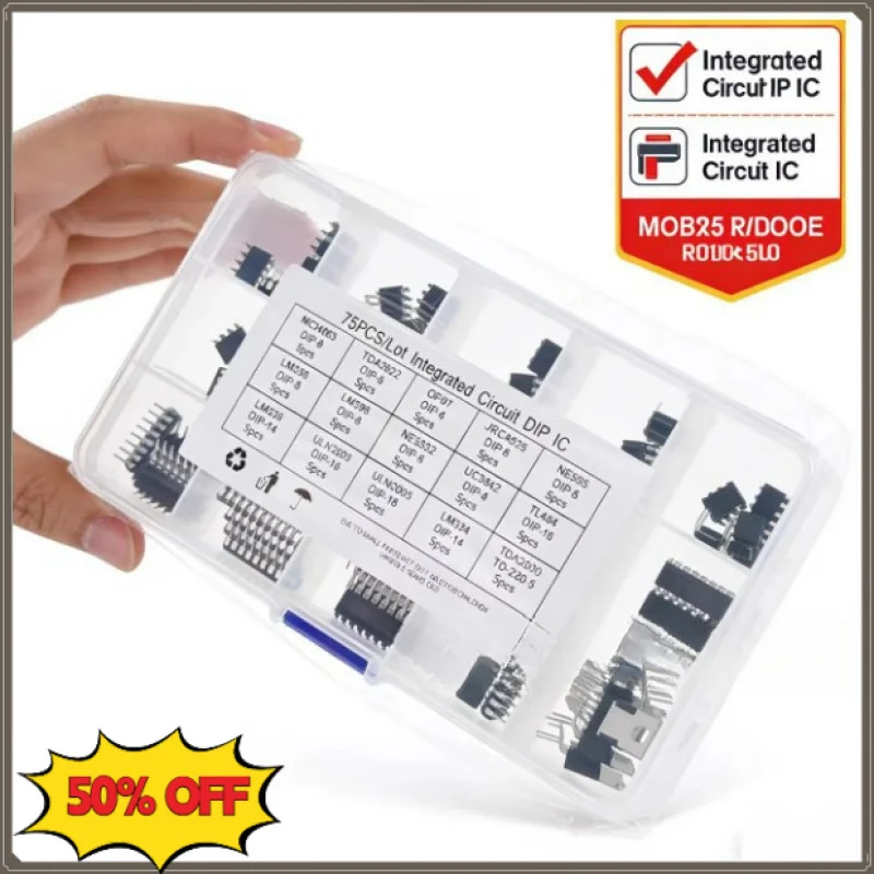 75PCS 15 Types IC Chip Kit, Through Hole LM358 LM386 ULN2003 Integrated Circuit Box Set