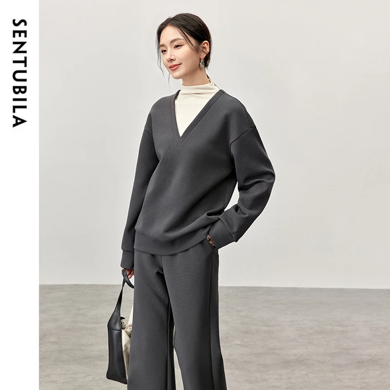 SENTUBILA Commute Cotton Pant Sets Women 2024 Winter Patchwork Spliced 2 in1 Sweatshirt Knitted Full-length Flare Pant 144Z57108