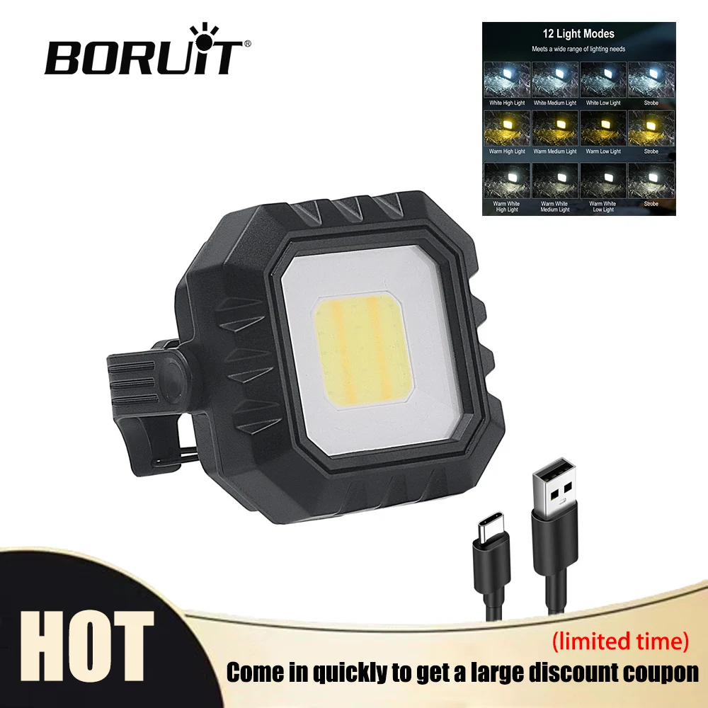 

BORUiT Magnetic Work Light Type-C Rechargeable with 360° Rotating Head Dual Switch Power Display for Outdoor Camping Use