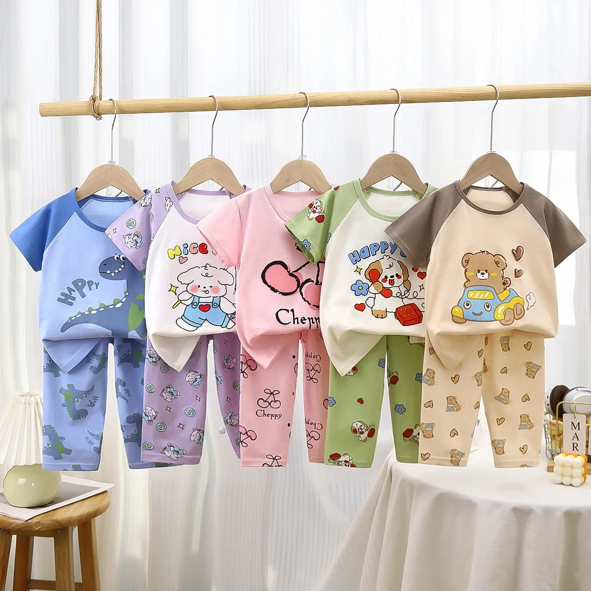 New Summer Children's Short-sleeved Sets Pure Cotton Boys' Girls' Pajamas Baby Air-conditioning Clothes Children's Summer Wear