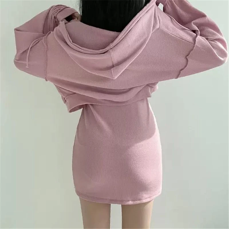 Y2K Black 2 Piece Set Women Sexy Spaghetti Strap Slim Mini Dress Zipper Hoodie Cropped Sweatshirt Cardigan Suit Outwear Coat