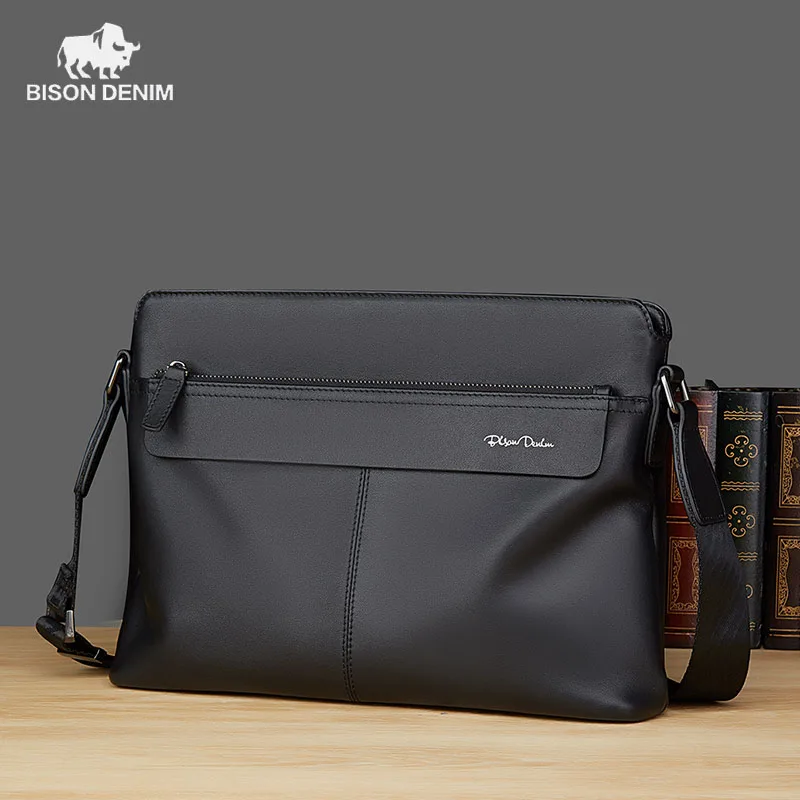 BISON DENIM Genuine Leather Men Shoulder Bag High Quality Cowhide Crossbody Bag for Men Business Messenger Bags 2023 New