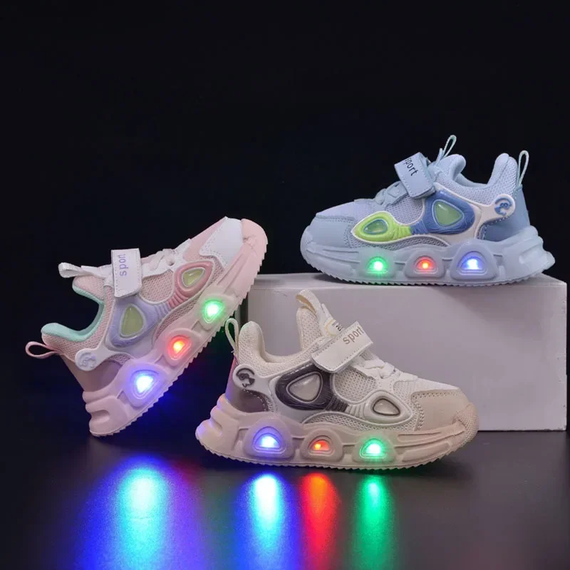 Primavera nueva zapatilla luminosa para niños, zapatos de moda de fondo suave a la moda para niñas, zapatos simples transpirables y versátiles para niños, zapatos casuales de marca