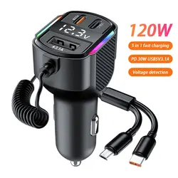 5 in 1 caricabatteria da auto da 120W adattatore accendisigari per auto USB Type-C con cavo di ricarica rapida per IPhone Xiaomi Huawei Samsung