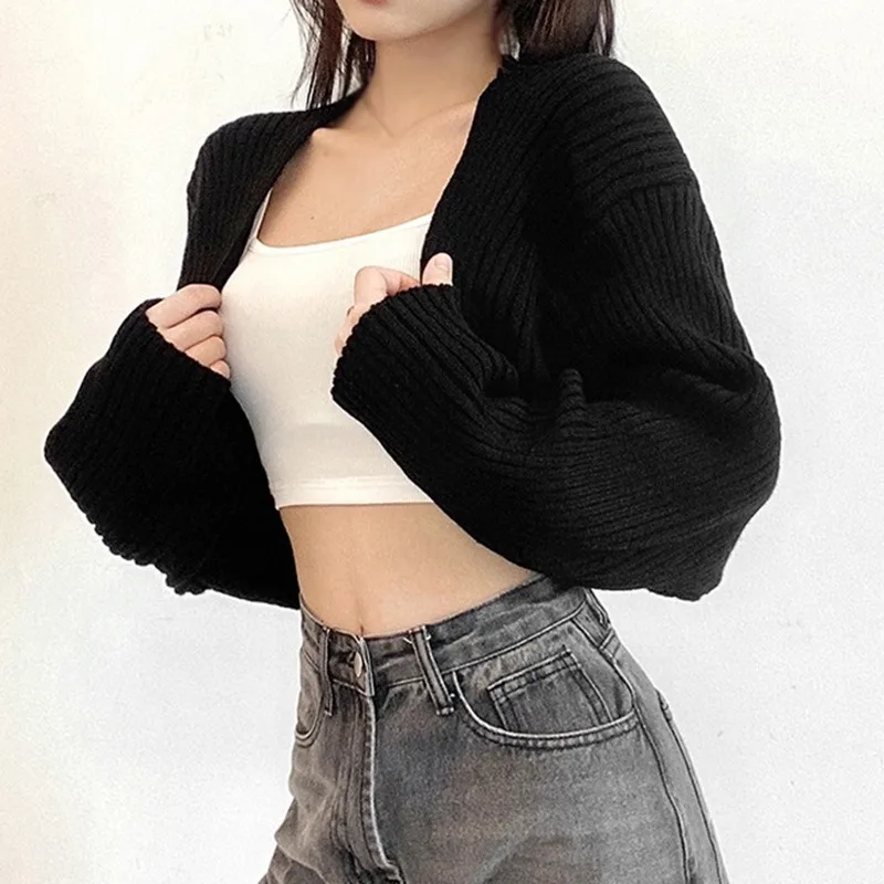 Women Short Cardigans Autumn Ultra-short Sweater Coat Long Sleeve Loose Knitted Crop Top Solid Color Sexy Cardigan Sweaters Top