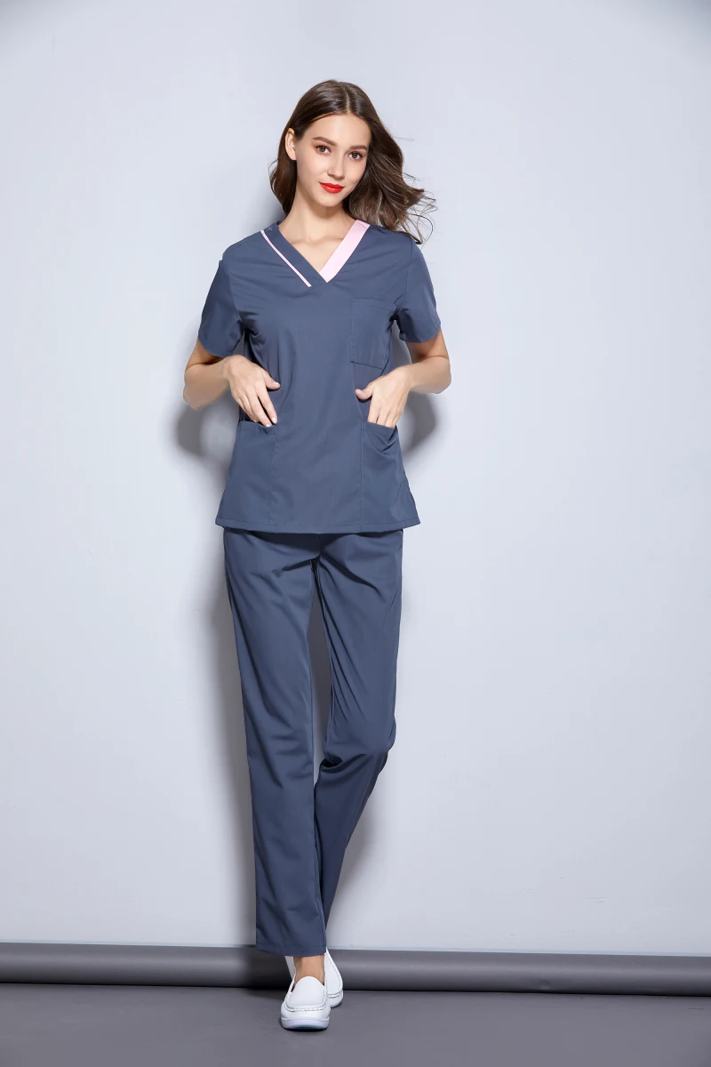 Women's Summer Multi Colorful Fancy V Neck Short Sleeve Dental Clinic Medical Uniforms Top and Long Pant Set Workingwear