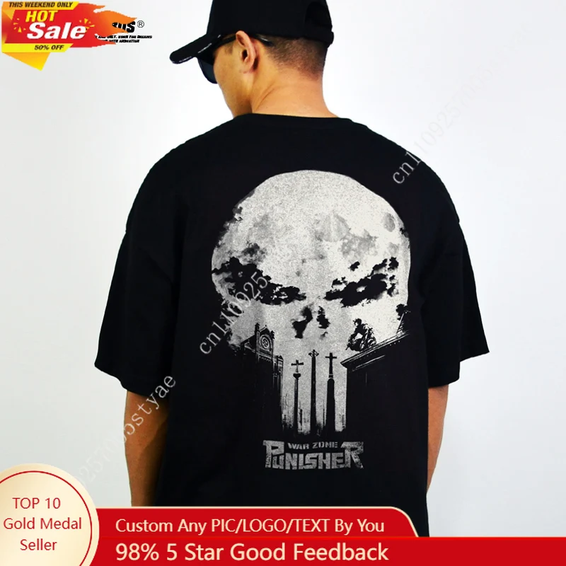 

Marvel Collaboration Punisher All-cotton Short-sleeved T-shirt for Men and Women, Loose Summer Retro Trend Casual Style Top