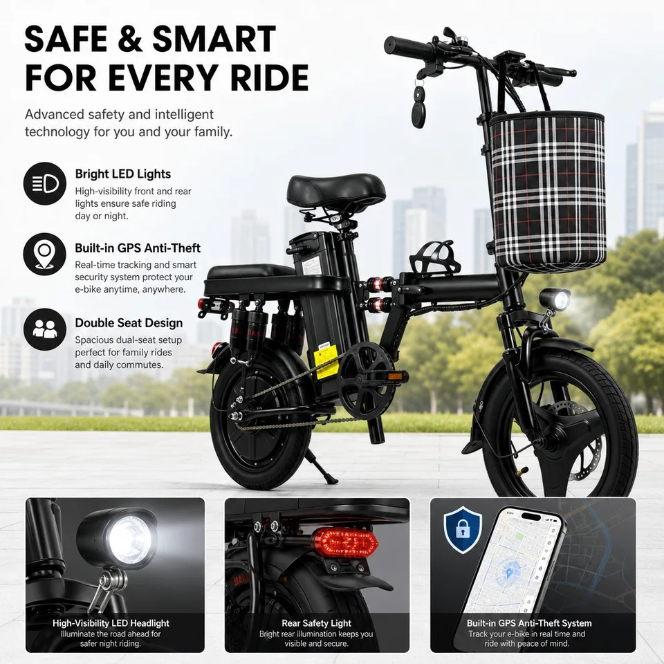 Foldable Electric Bike for Adults 500W 48V 15Ah 14" Tires 8 Shock Absorbers Portable Commuter E-Bicycle Folding Scooter image 8