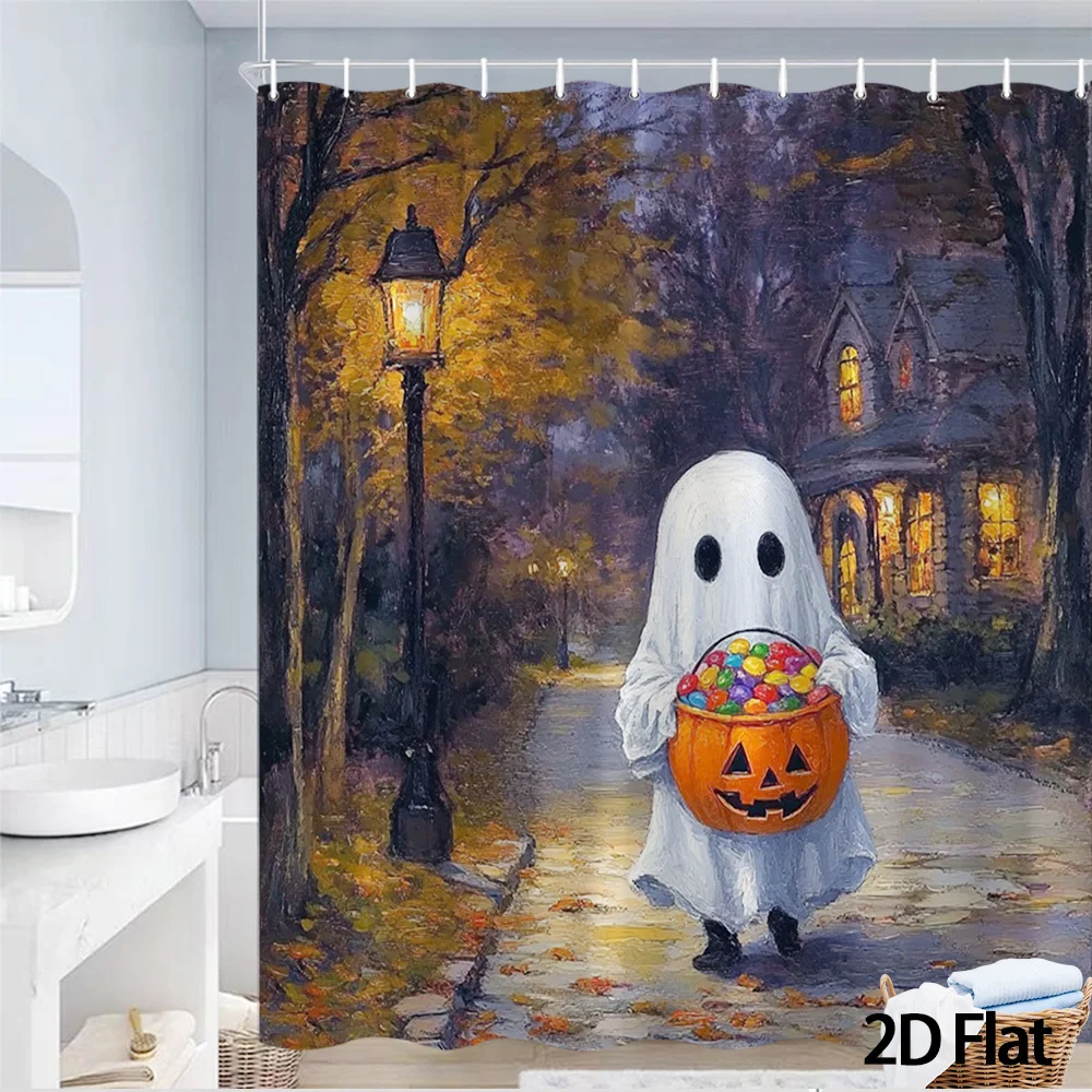 Halloween Ghost Trick or Treat Shower Curtain, Pumpkin Bucket Street Lamp Print Waterproof Bathroom Decor, Spooky Holiday Home