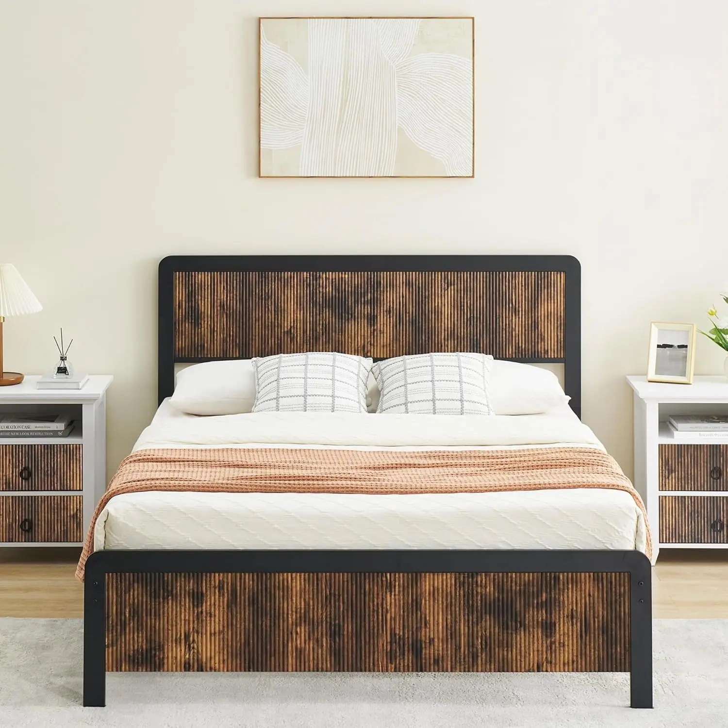

Queen Size Bed Frame With Wave Wood Headboard, Queen Platform Bed Frame With Safe Rounded Corners & Under Bed Storage, Strong