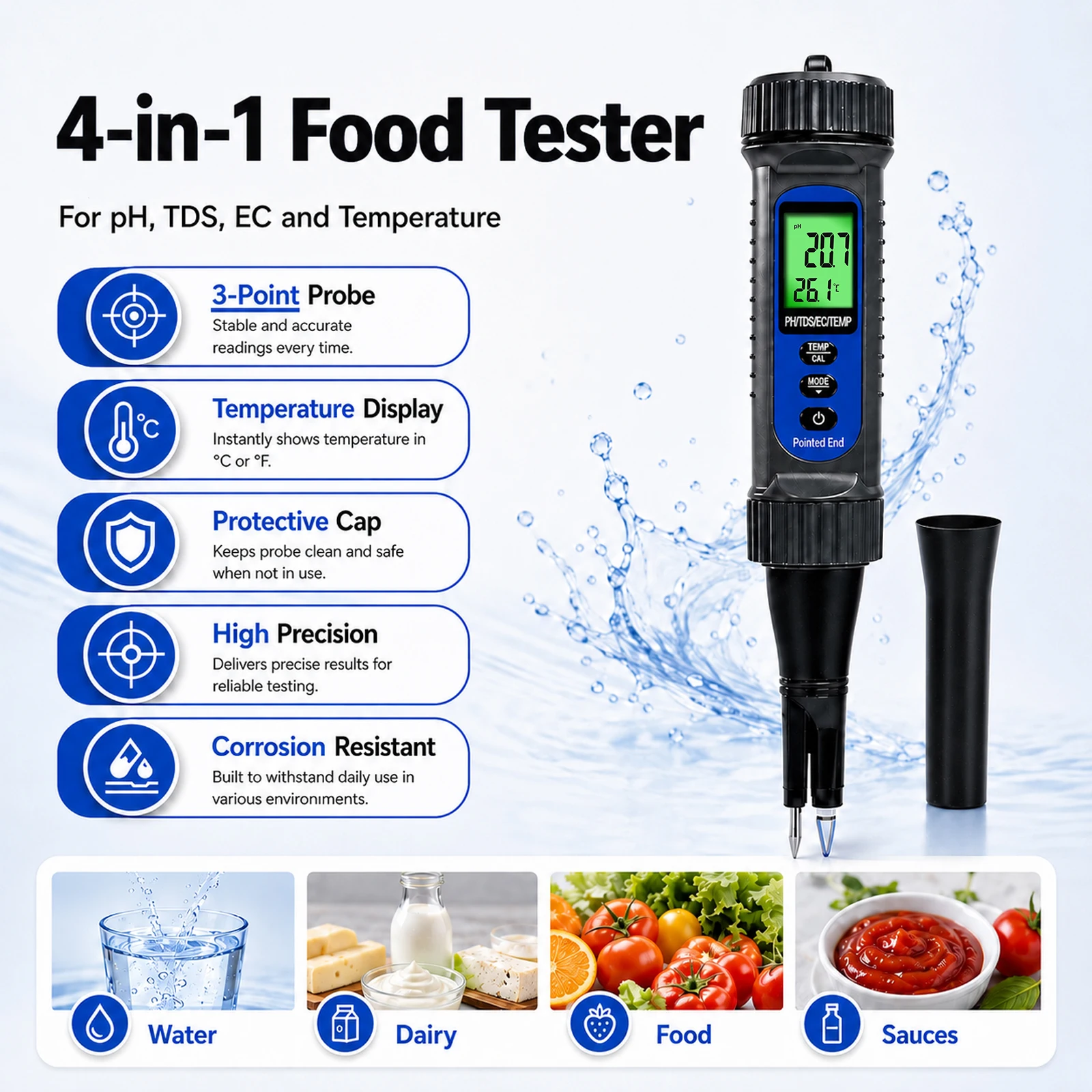 4-in-1 Digital Food pH Meter Pointed Probe Acidity Tester pH/TDS/EC/Temp Penetration Meter for Meat, Cheese, Sourdough, Milk