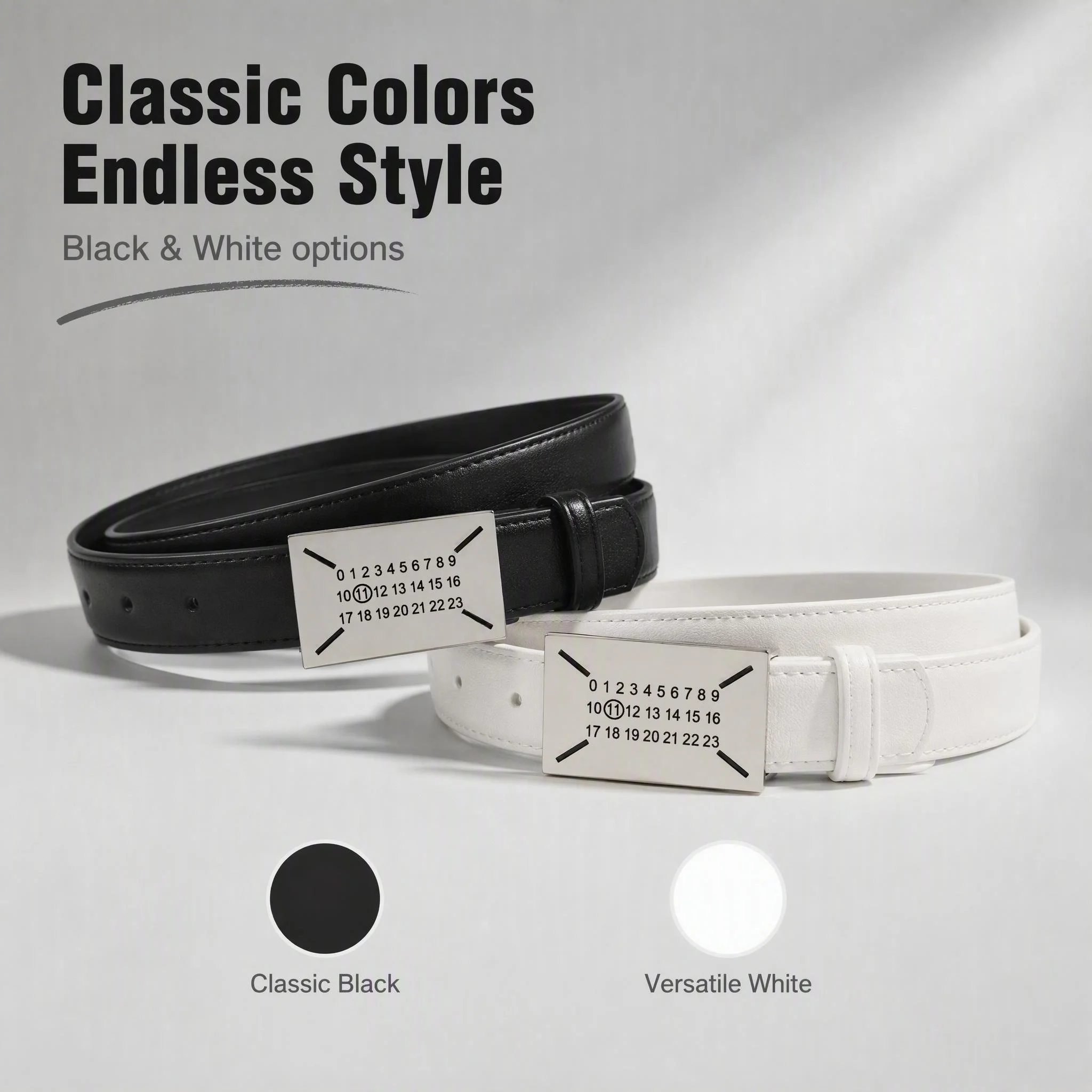 Fashion PU Leather Belt for Men Women, Silver Square Metal Buckle, Classic Black & White Versatile Casual Waist Belt