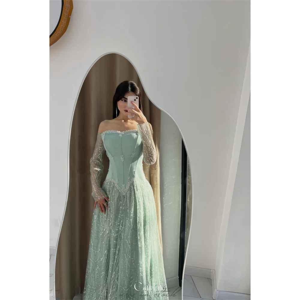 Cathy Aangepaste Groene Uit De Schouder Kant Prom Dress Lange Mouwen A-lijn vestidos de noiva Vloerlengte Formele Avond 2025