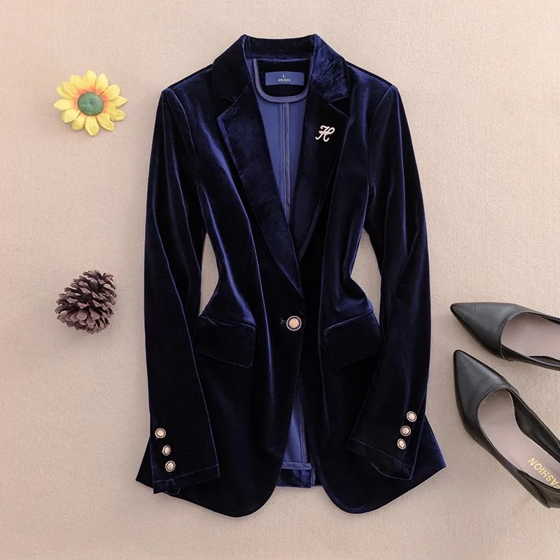 Autumn Winter Women Velvet Blazer Jacket High Quality Single Button Fashion Suit Jacket Ladies Elegant Slim Formal Blazers Coat