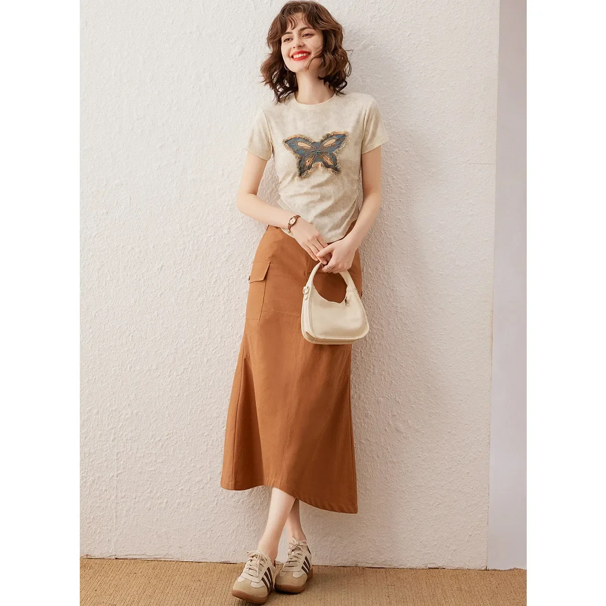 LOUIS YAO Women Tee Fashion Butterfly Washed Embroidery Summer T-shirt 2024 Casual O Neck Short Sleeve Slim Fit Pullover Top