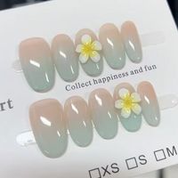 10Pcs Simple Light Green Nude Gradient Press on Fake Nails with 3D Flowers Designs Nails Gentle Fashion Resuable Manicure Tools