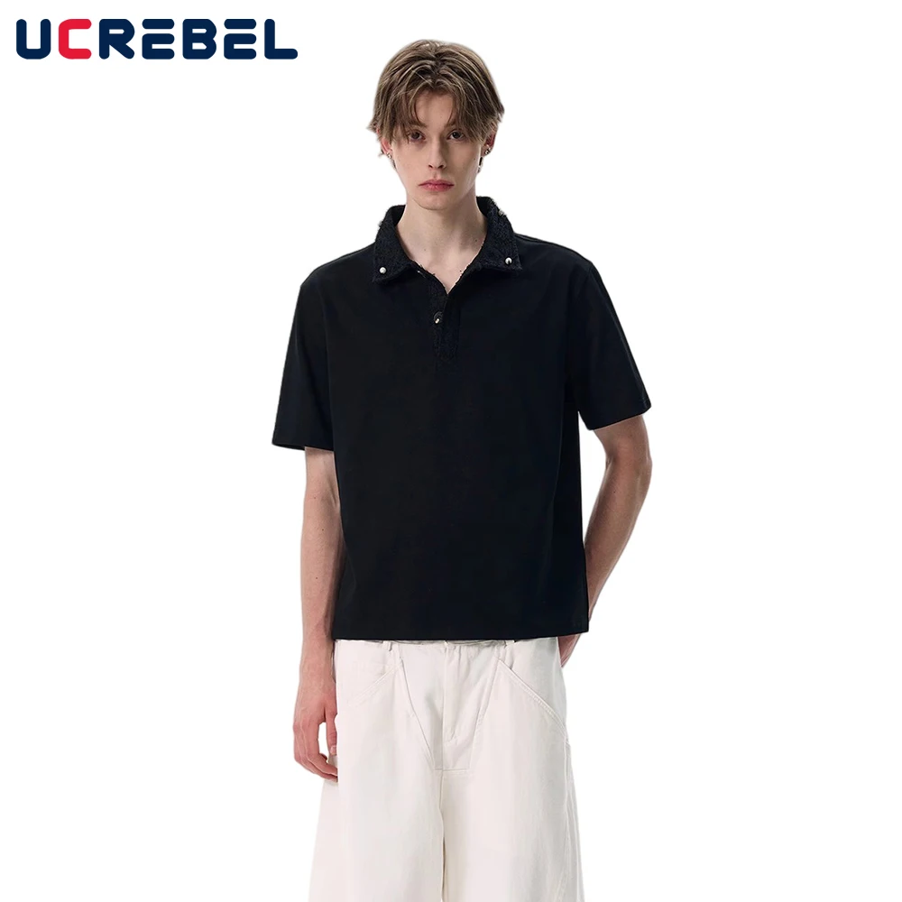 

Pearl Decoration Short Sleeve Polo Shirts Mens Solid Color Summer High Street Loose Half-Sleeve Tops Men