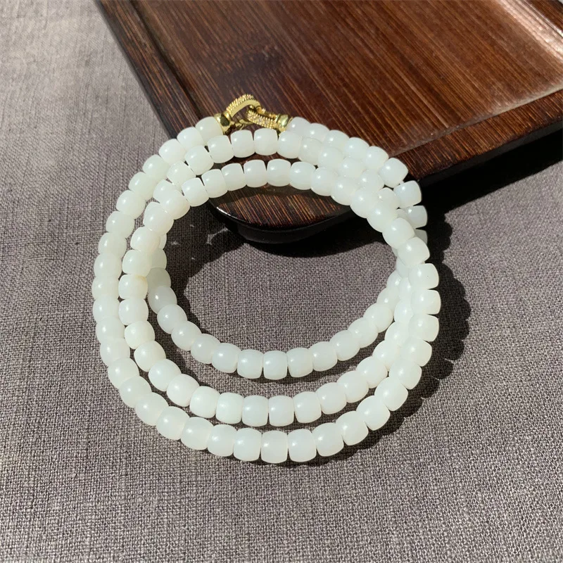 Hetian Jade -Style Bead Necklace, Vintage Russian Material, Mutton Fat White Sweater Chain, 6X7Mm Multi-Loop B