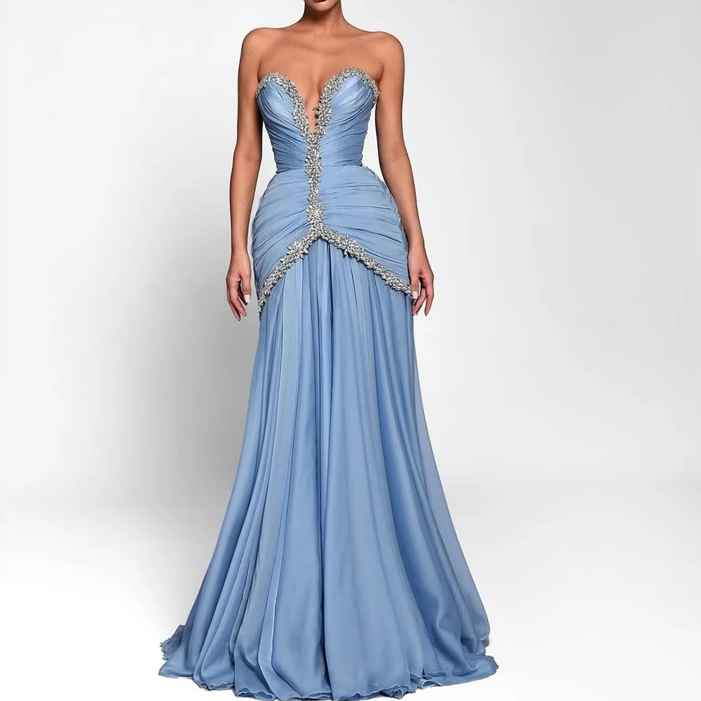 

Modern Blue Evening Dress Sweetheart Sleeveless Mermaid Floor Length Pleat and Draped with Crystal Formal فساتين سهره