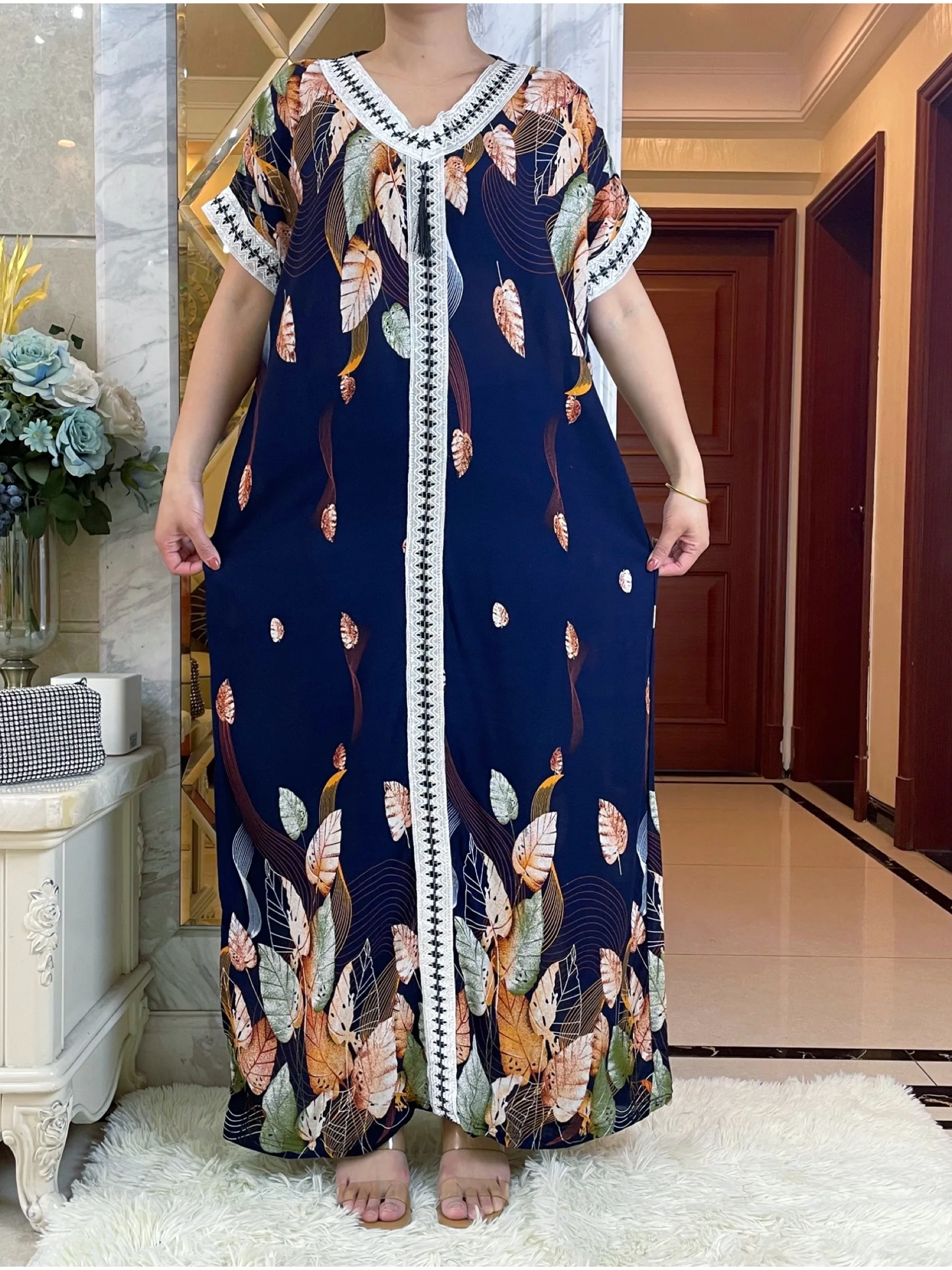 2023Casual New Pattern Cotton Women\'s Summer Short Sleeve Dresses With Scarfs African Dashiki Lady Robe Loose Kaftan Vestidos