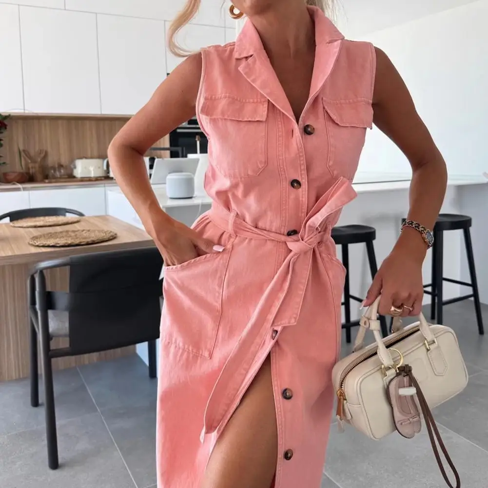 Vestido longo para mulheres vestido camisa jeans com cinto decote em v vestido maxi para mulheres elegante botão longo jean com bolsos lapela