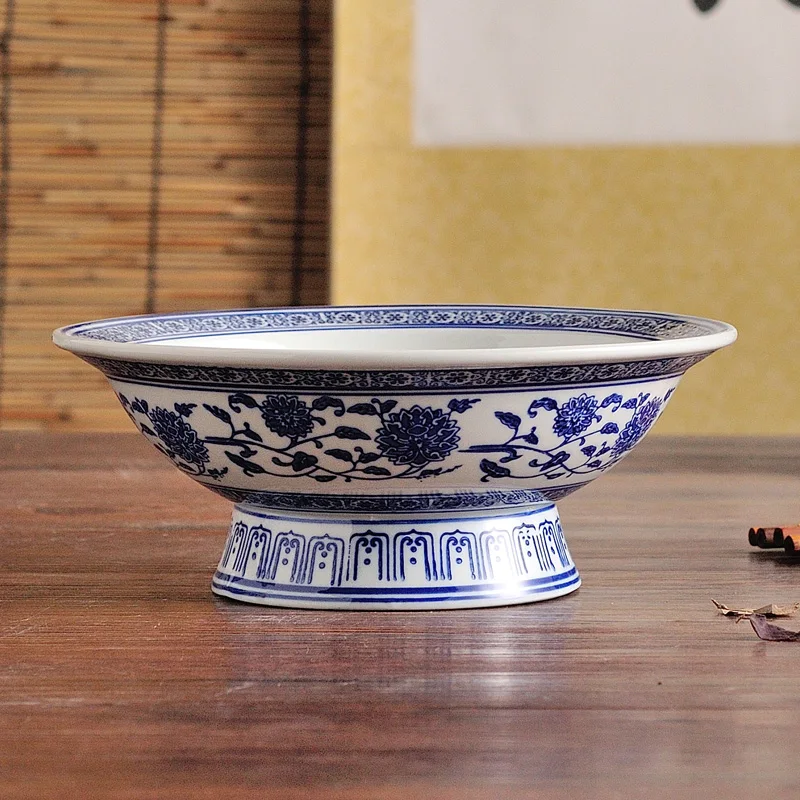 

Blue And White Cerc Soup Bowl with High Feet Hotel Dining Di Underglaze Color Restaurant Serving Bowl Floral Patterned