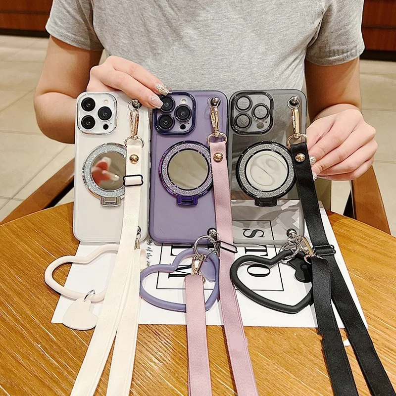 حافظة بحزام حريري لهاتف آيفون 17 16 15 14 11 12 13 Pro Max XS Plus 16E غطاء ناعم بحبل كروس شفاف