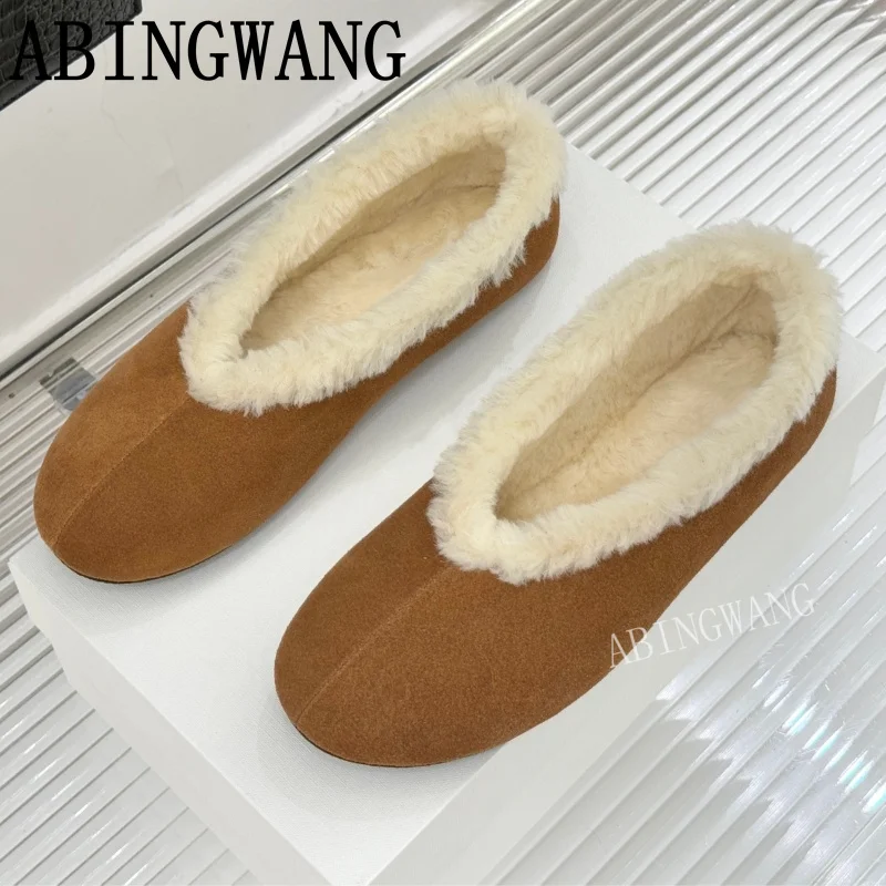 

Autumn Winter New Suede Inside Fur Women's Loafers Slip On Round Toe Shallow Casual Office Shoes Lazy Shoes Women Warm Shoes