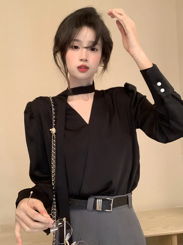 

Women's Halter Neck Tie Blouse V Neck Puff Long Sleeve Office Shirt Elegant Casual Silky Smooth Dressy Blouse Top for Work