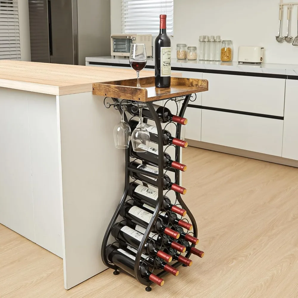 X-cosrack Wine Storage Rack Freestanding Floor, Wine Rack Mini Bar Table with Tabletop, Glass Holder Wine Bottle Display Stand L