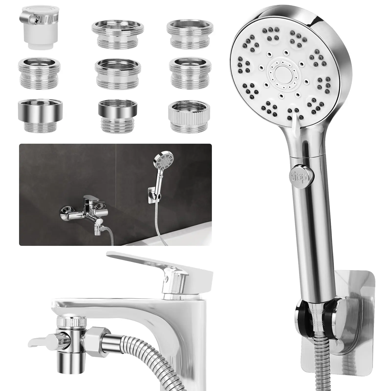 

Universal Handheld Shower Head With 6 Spray Patterns, 79-Inch Flexible Hose, 8 Adapter Connectors For Bathtub And Sink Faucets